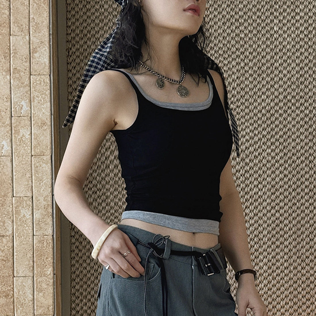 Layered slim fit tank top with stretch fabric and contrast trim