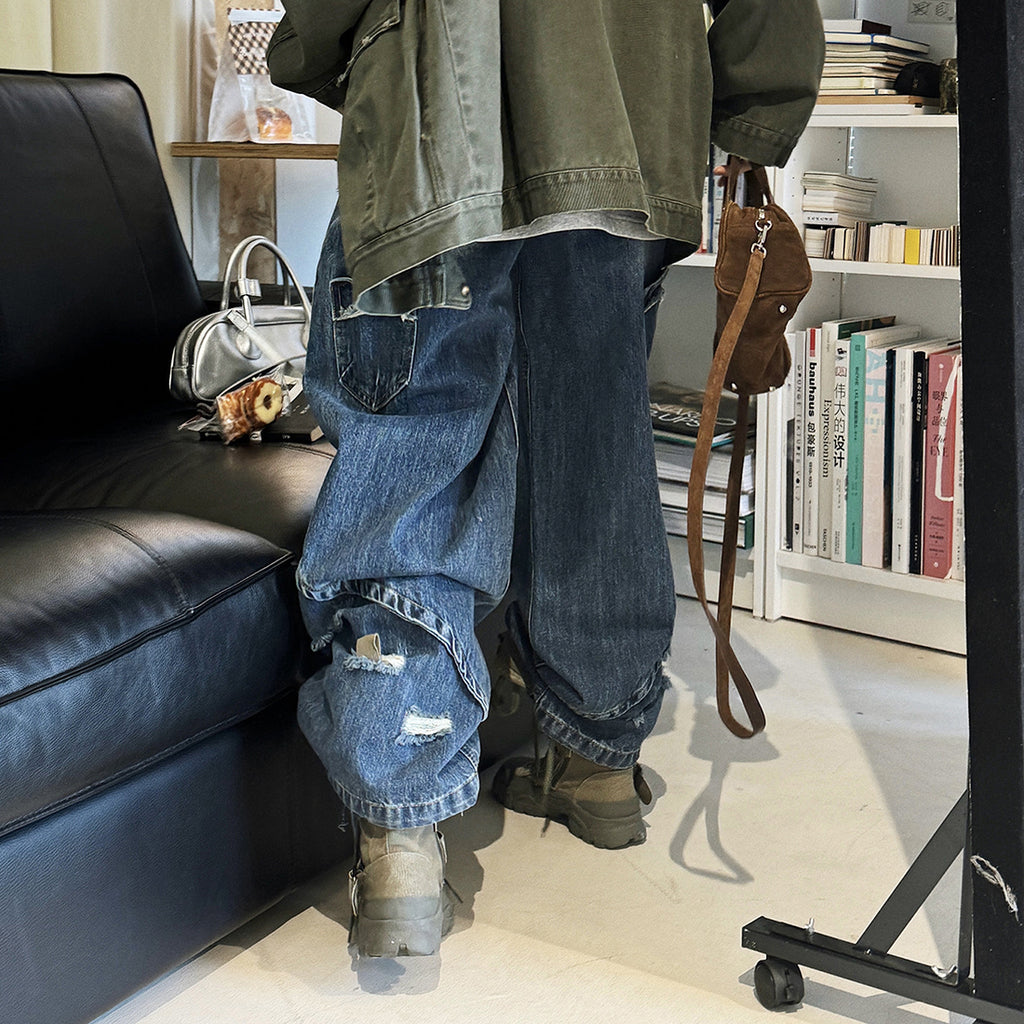 Retro pocket patchwork ripped loose jeans