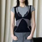 Retro INS style lace fake two-piece stacked T-shirt top