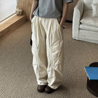Pleated straight leg large pocket loose denim cargo pants