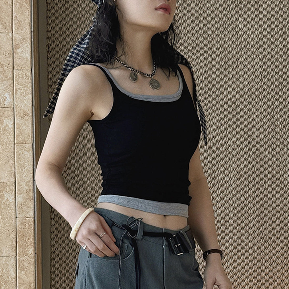 layered tank top slim fit stretchy camisole contrast trim sleeveless top