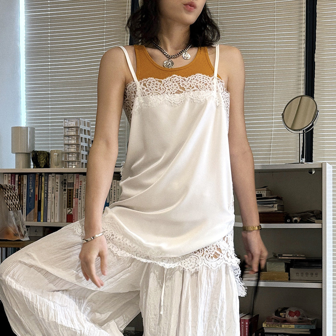 Lace trim cami top with silky stretch fabric for layering or solo wear