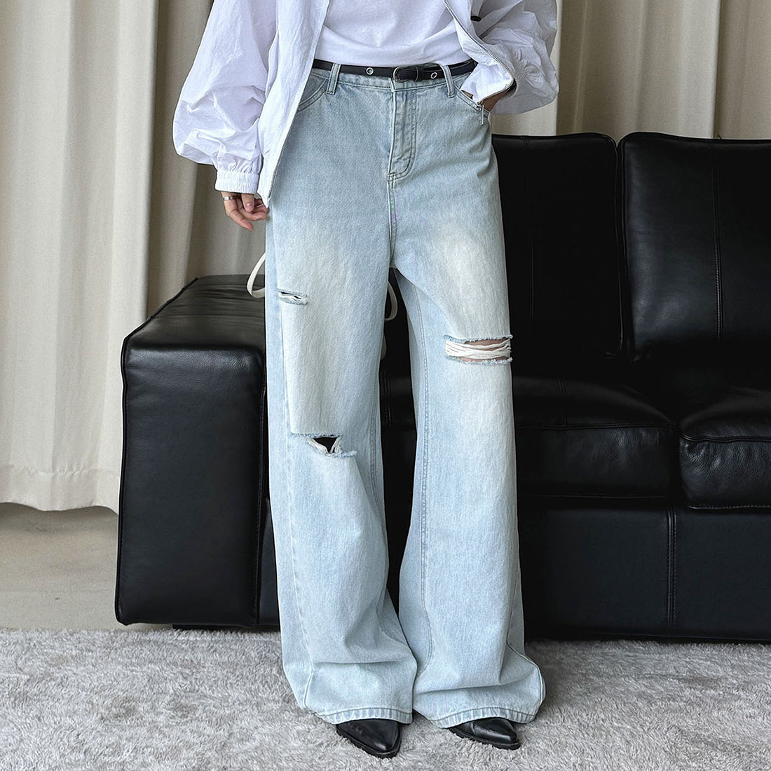 High waisted washed ripped straight leg jeans