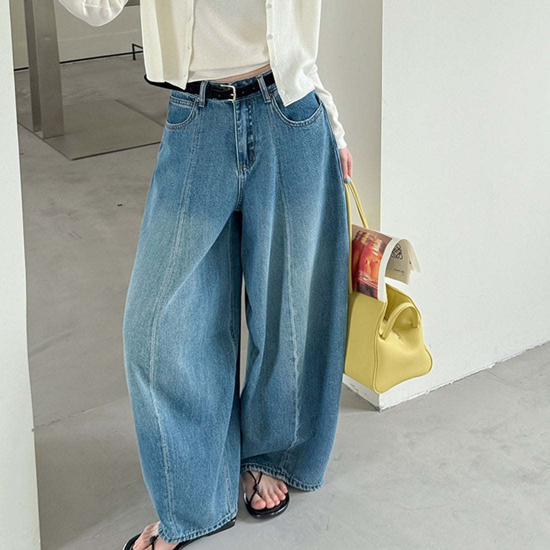 Wide leg jeans women high waist loose denim pants vintage wash trousers