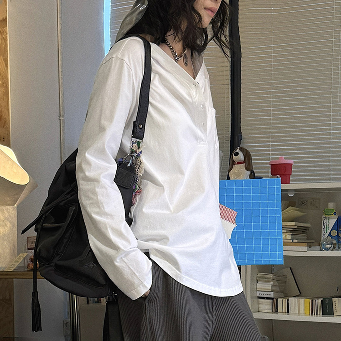 Loose fit v neck long sleeve button shirt top