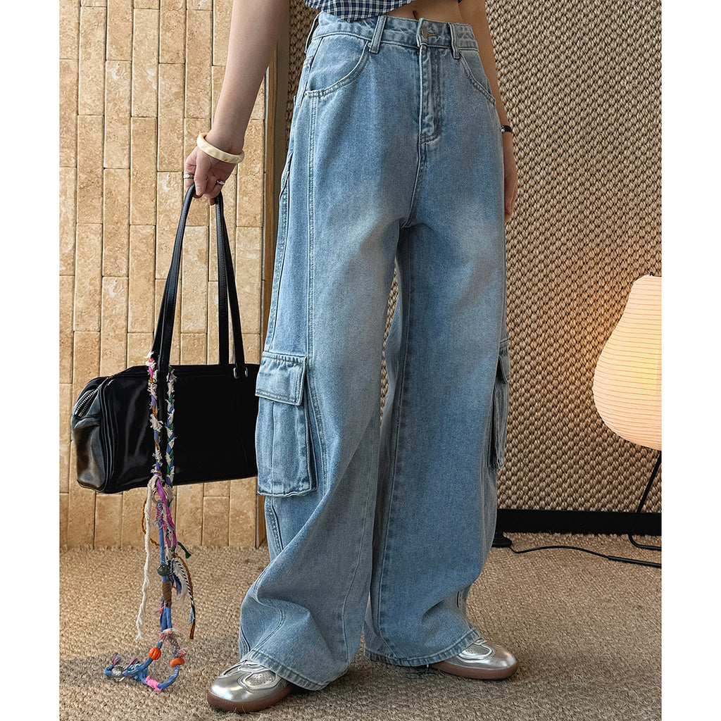 cargo wide leg jeans high waist loose fit vintage wash denim pants