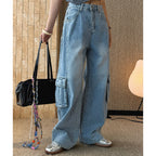 cargo wide leg jeans high waist loose fit vintage wash denim pants