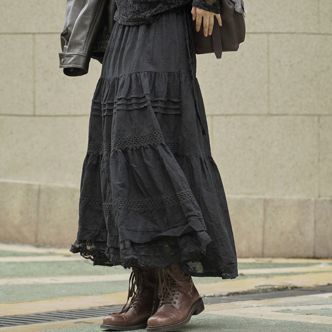 French retro patchwork floral lace skirt A-line long skirt