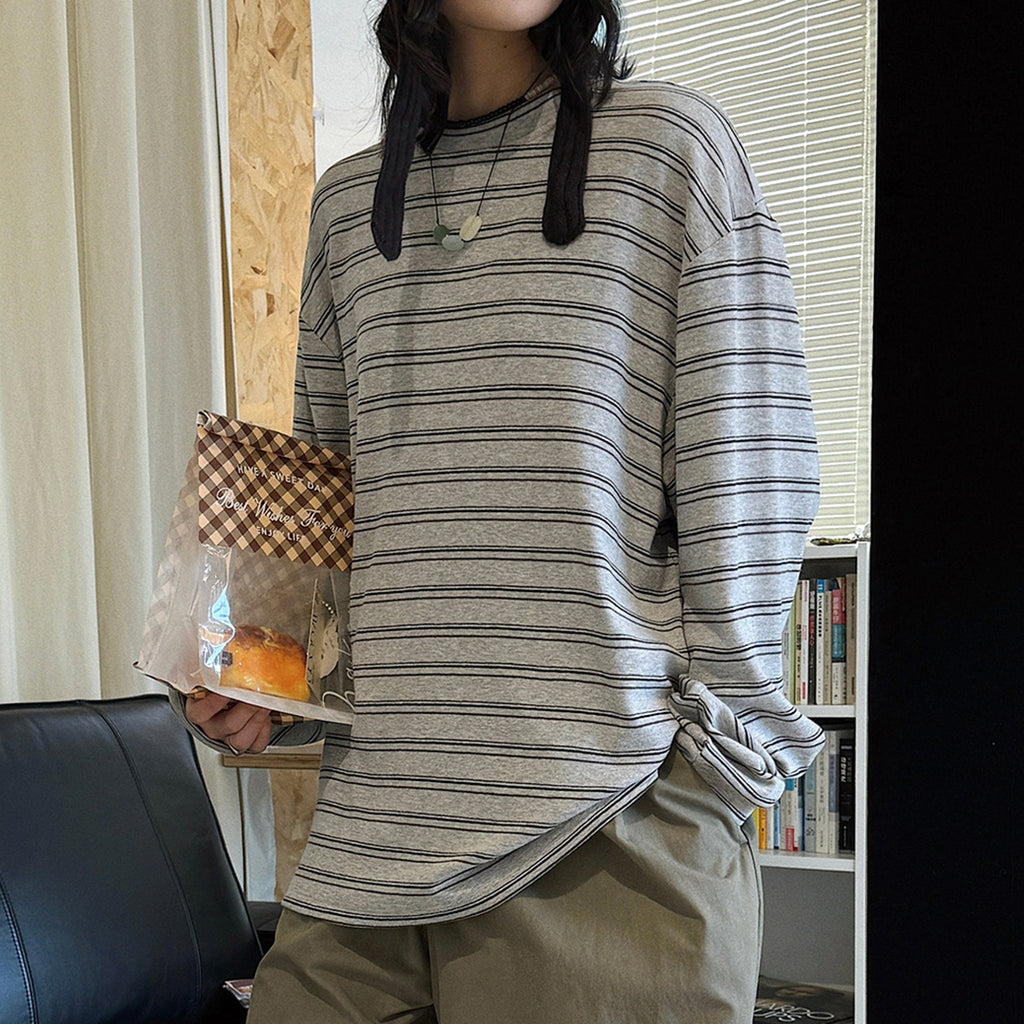 Retro minimalist round neck striped contrasting T-shirt top