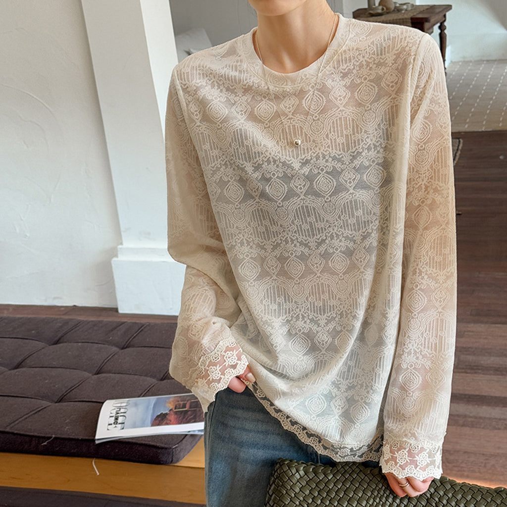 Round neck lace knitted hollow out long sleeved top