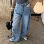 High waist vintage wash cargo wide leg jeans with utility pockets