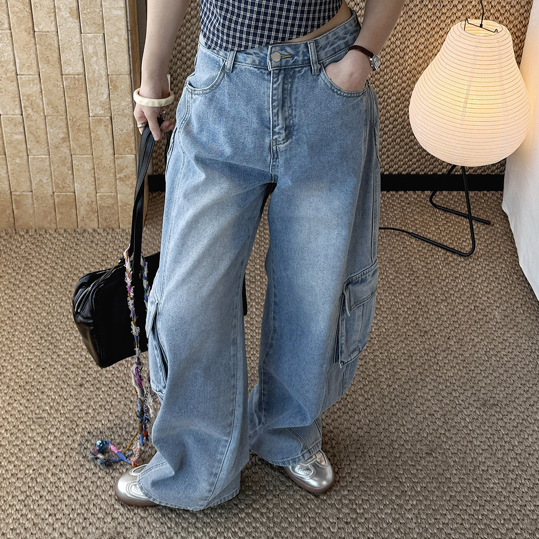 High waist vintage wash cargo wide leg jeans with utility pockets