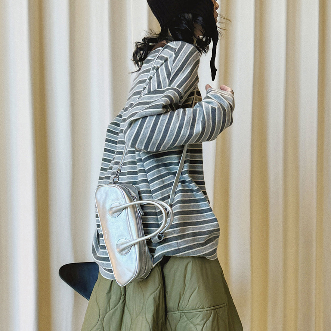 Color blocking round neck striped loose T-shirt