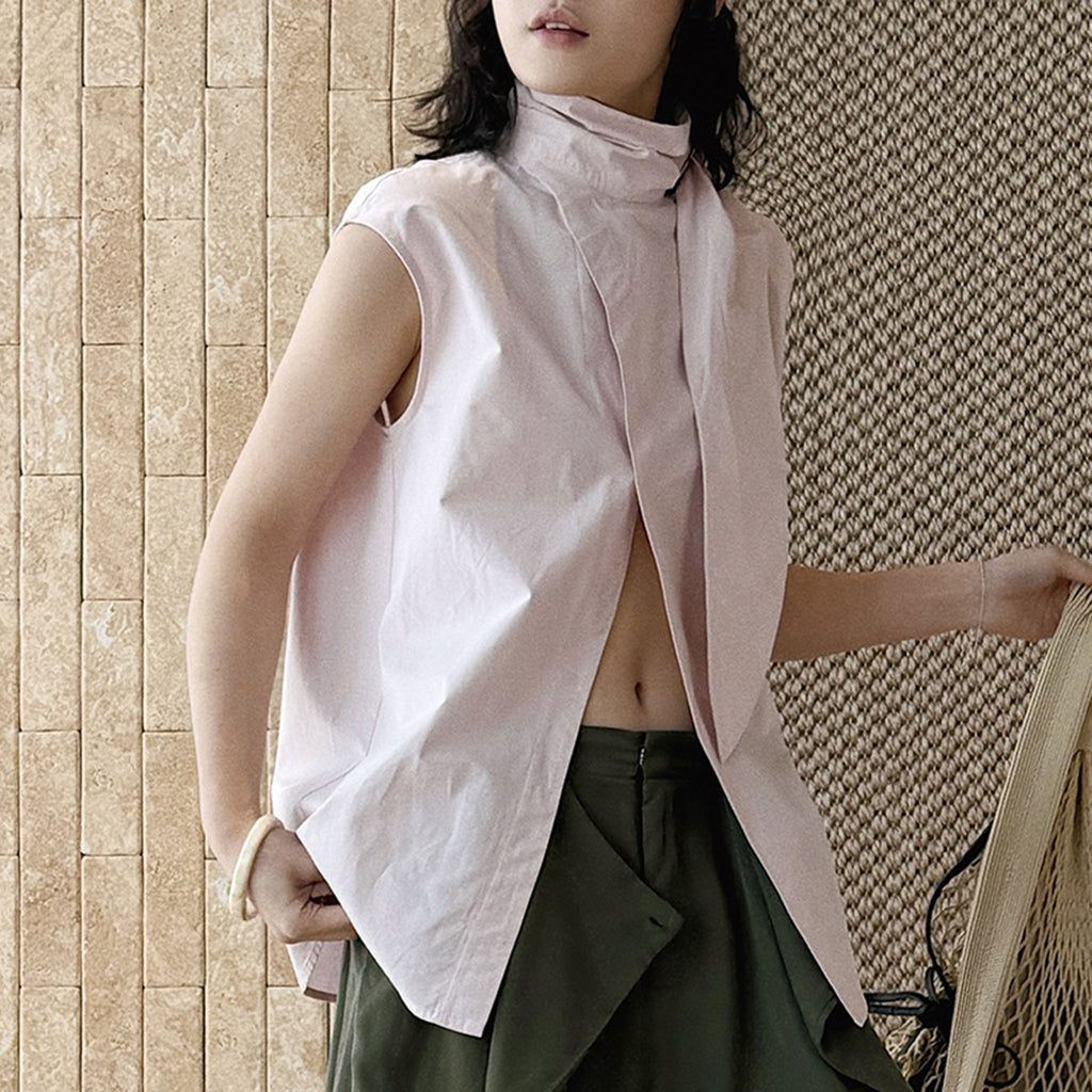 Sleeveless tie neck top women cotton linen loose summer blouse