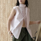 Sleeveless tie neck top women cotton linen loose summer blouse