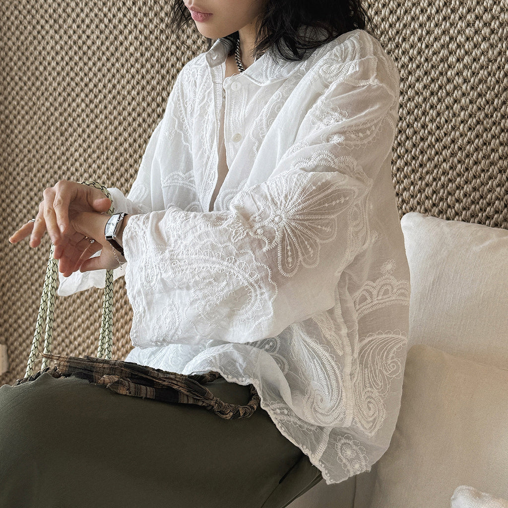 embroidered sheer shirt loose fit long sleeve button down lightweight cotton blouse