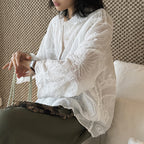 embroidered sheer shirt loose fit long sleeve button down lightweight cotton blouse