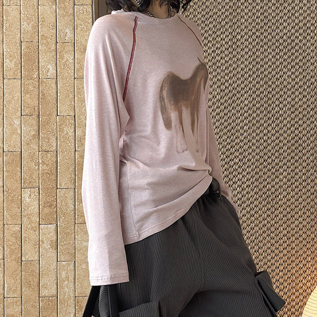 Printed open thread raglan sleeves long sleeved loose T-shirt top