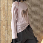 Printed open thread raglan sleeves long sleeved loose T-shirt top