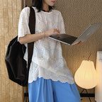 embroidered eyelet blouse loose fit cotton short sleeve lace top hollow out shirt