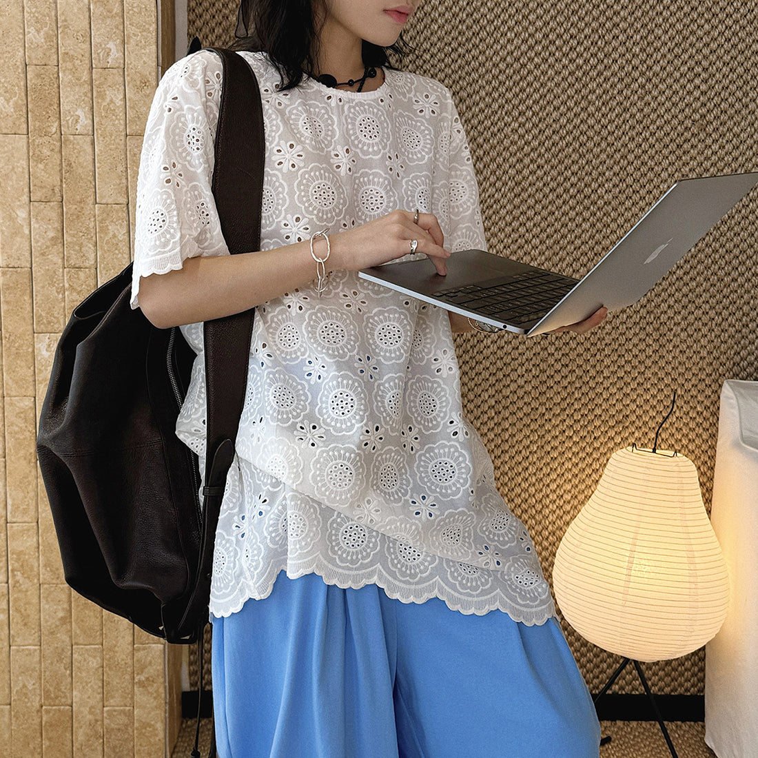 embroidered eyelet blouse loose fit cotton short sleeve lace top hollow out shirt