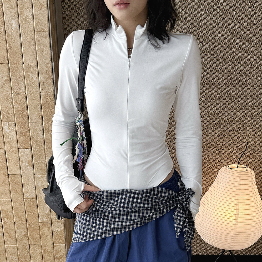 Slim fit stand collar zip long sleeve bodysuit