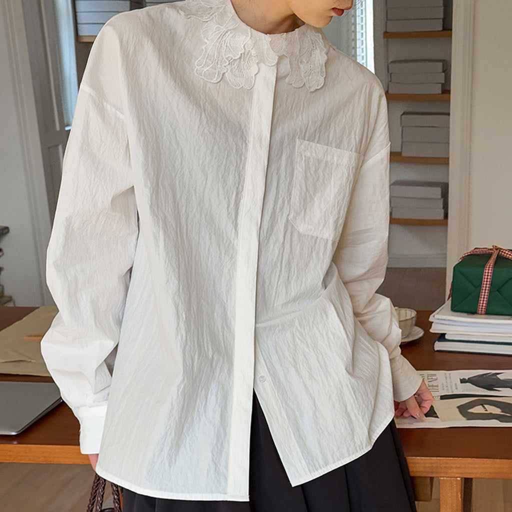 French lace lapel long sleeved button up shirt