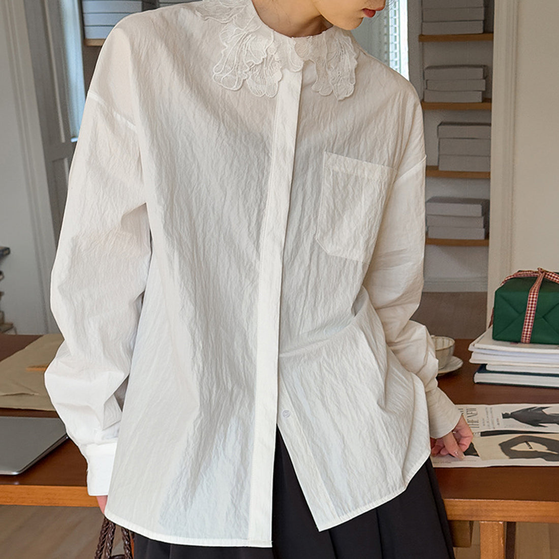 French lace lapel long sleeved button up shirt