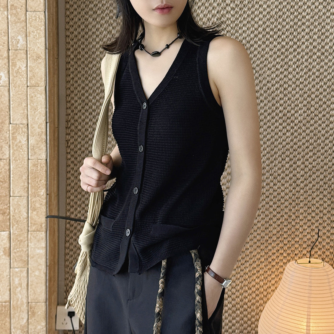 Sleeveless V-Neck Knit Button Vest Top