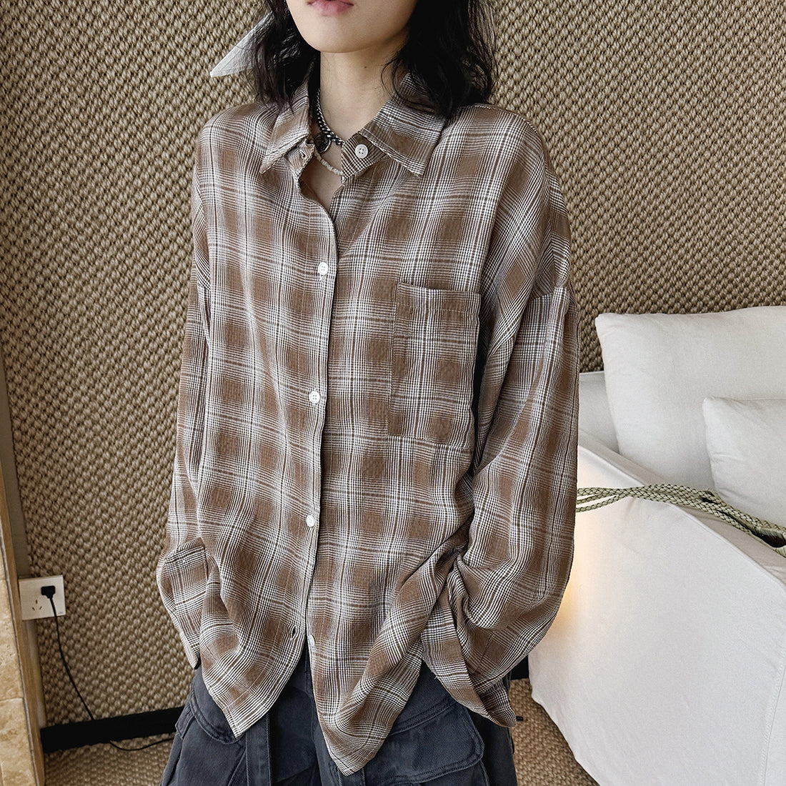 Vintage plaid cotton shirt loose long sleeve casual button down blouse