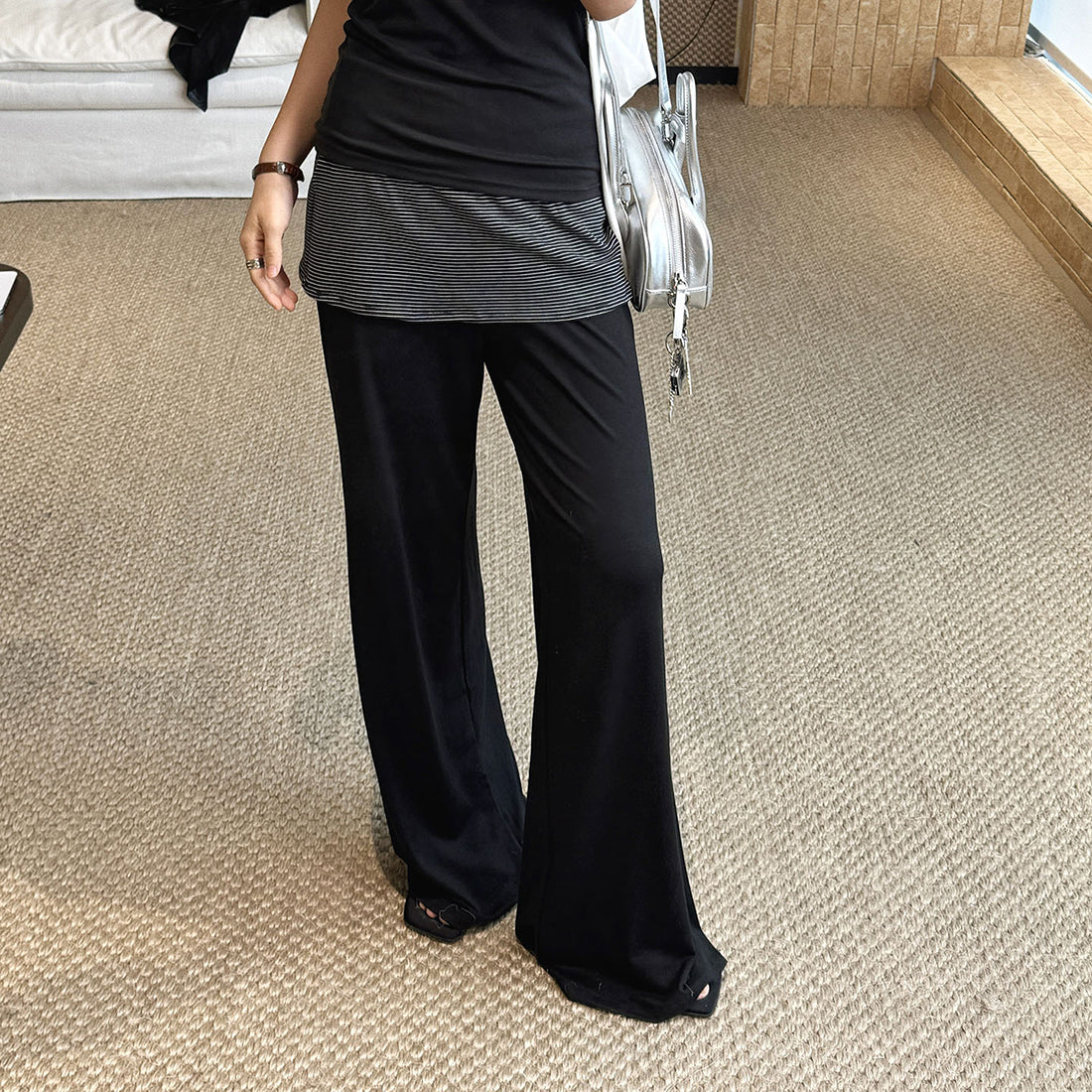 Extremely simple style non removable striped layered casual pants