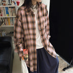 Vintage pink plaid oversized cotton shirt women loose casual long sleeve blouse