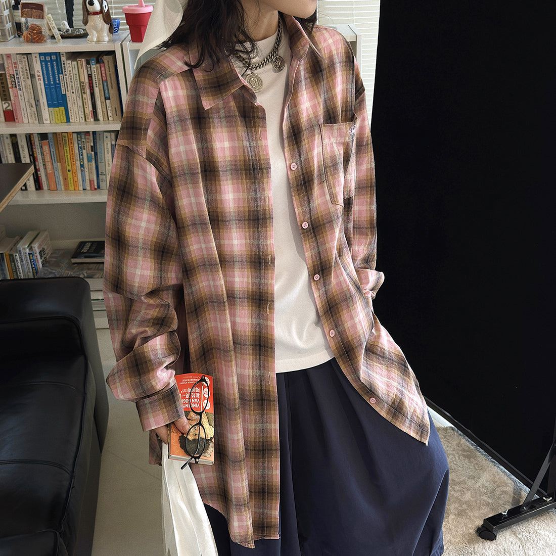 Vintage pink plaid oversized cotton shirt women loose casual long sleeve blouse