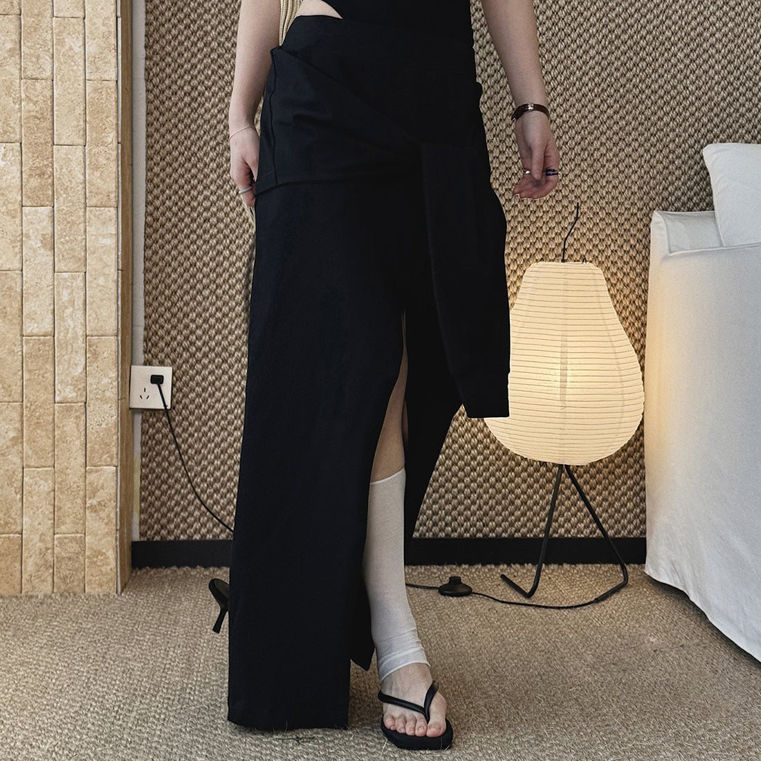 High-Waist Draped Maxi Skirt with Side Slit Detail