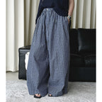 Color blocking plaid splicing casual elastic drawstring pants