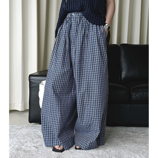Color blocking plaid splicing casual elastic drawstring pants