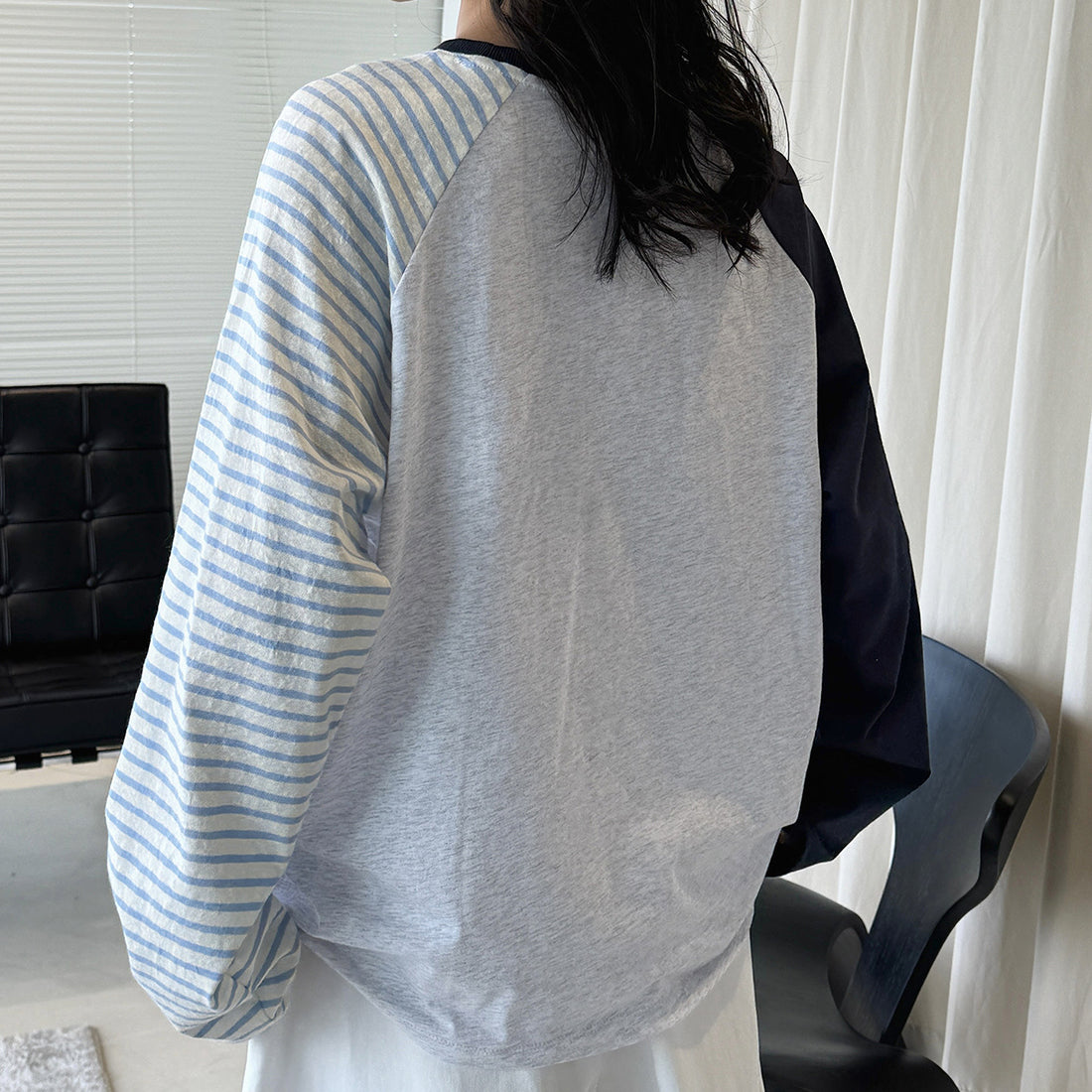 Color blocking striped patchwork round neck loose T-shirt top