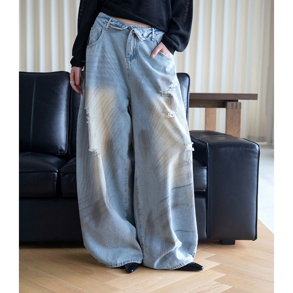 American retro ripped wide leg jeans