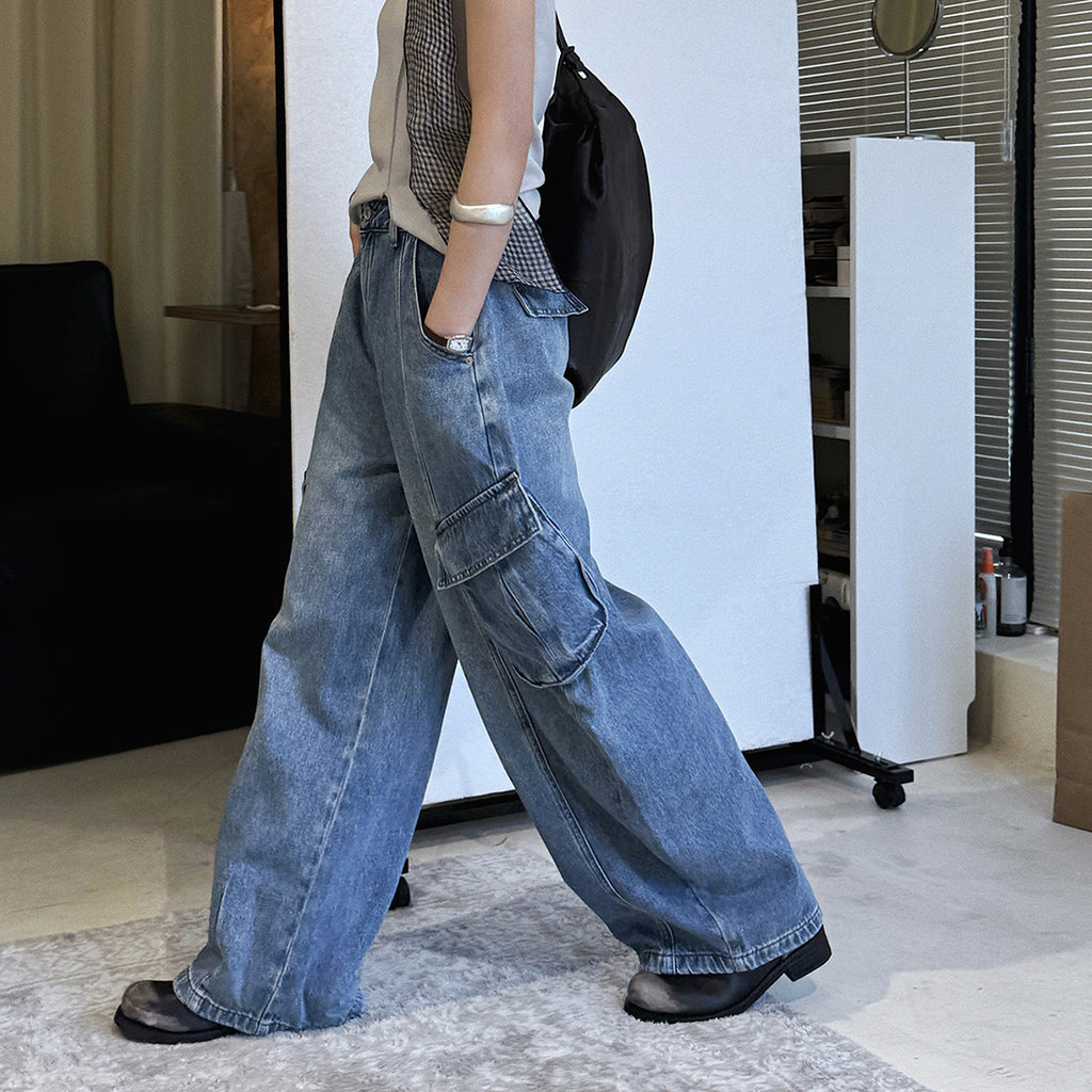 American style spliced large pocket loose wide leg jeans