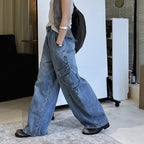 American style spliced large pocket loose wide leg jeans