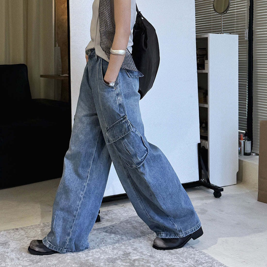 American style spliced large pocket loose wide leg jeans