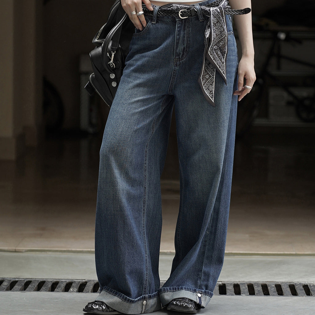 Retro loose wide leg jeans with scarf belt
