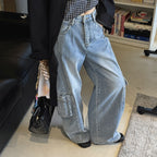 High waist vintage wash cargo wide leg jeans with utility pockets
