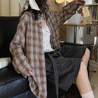 Vintage plaid cotton shirt loose long sleeve casual button down blouse