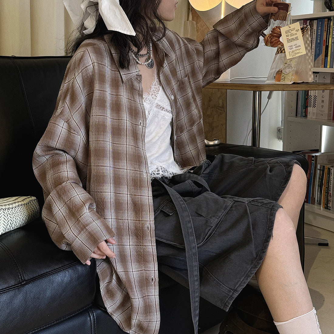 Vintage plaid cotton shirt loose long sleeve casual button down blouse