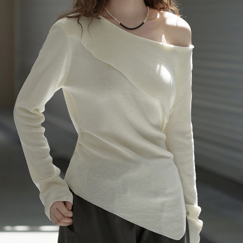 Slanted shoulder irregular strap spliced sweater top