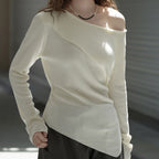 Slanted shoulder irregular strap spliced sweater top