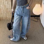 cargo wide leg jeans high waist loose fit vintage wash denim pants