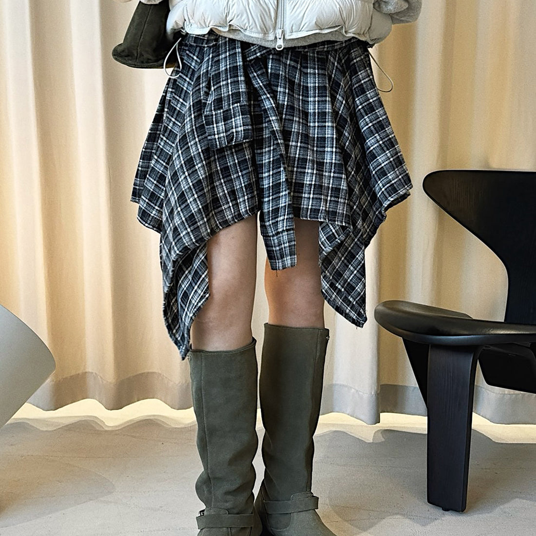Retro contrasting plaid irregular skirt half length skirt