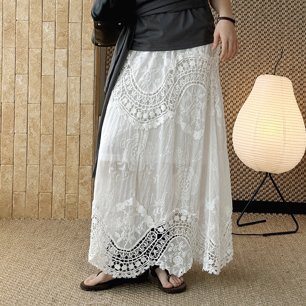 Boho lace embroidered maxi skirt with flowy silhouette and soft lining
